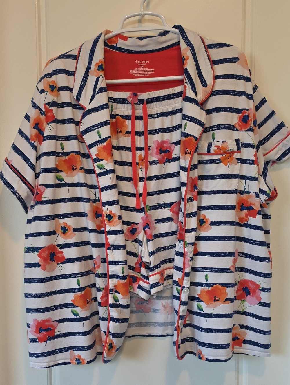 Sleep Sense Woman Navy Stripe & Coral Floral Two-Piece Pajama Set - 2X